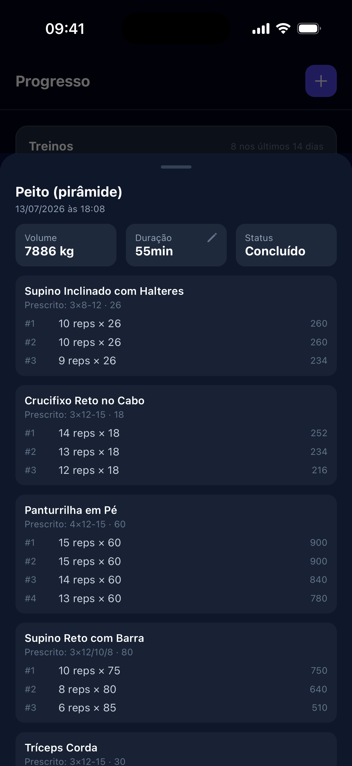 Tela real do Rep²: resumo do treino de peito concluído — 7.886 kg de volume total, 55 minutos, e cada série registrada com reps e carga, incluindo a pirâmide do supino fechando em 85 kg.