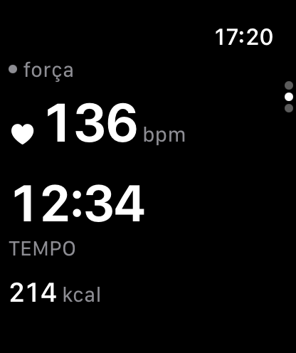 Tela real do Rep² no Apple Watch: 136 batimentos por minuto, cronômetro em 12:34 e 214 calorias na sessão de força.
