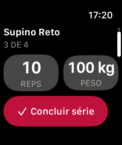 Tela real do Rep² no Apple Watch: série 3 de 4 de supino reto, com 10 repetições e 100 kg e o botão 'Concluir série'.