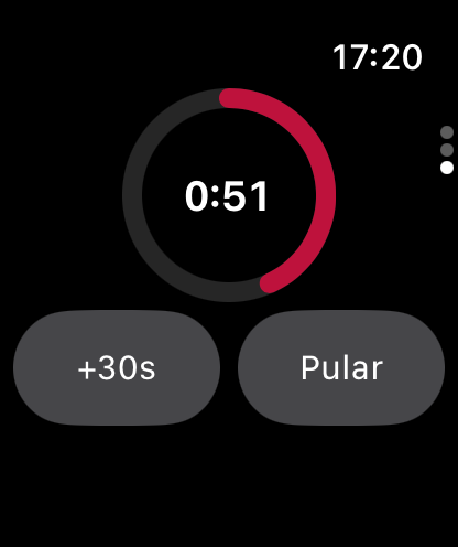 Tela real do Rep² no Apple Watch: anel de descanso do treino contando 51 segundos restantes, em destaque.
